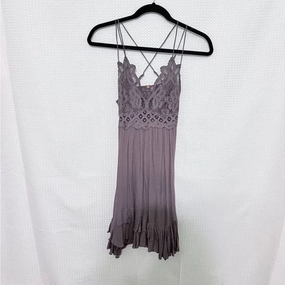 Free People FP One Adella Slip Dress Charcoal Lace Boho Tiered Mini S Petite - Picture 6 of 9